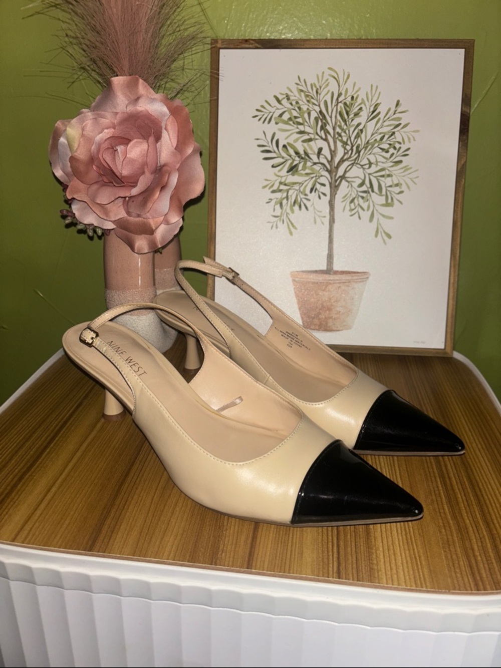 Nine West Beige and Black Pointed-Toe Slingback Heels